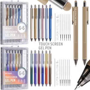 A multi-functional touch-sensitive pen with a 0.5mm stainless steel tip, internal spring mechanism, smooth ink flow, quick drying, capacitive touch functionality for easy control of electronic screens, soft, relaxing buttons, ergonomic grip with anti-slip