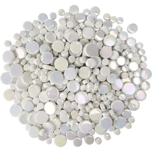Small Round Iridescent White Mosaic Tiles for Crafts, 300g/150 Pieces Iridescent Glass Penny Round Tiles for Flowerpots, Handmade Home Decor, White