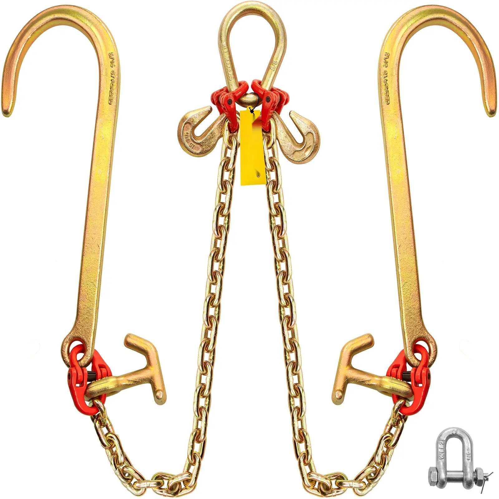 5/16 In X 2 Ft Tow Chain Bridle, Grade 80 V-Bridle Transport Chain, 9260 Lbs Break Strength, TJ Hooks And Grab Hooks, Pear Link Connector, Chain Shorteners, Heavy Duty Utility Tow Chain