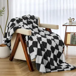 Checkered Bed Throw Blanket - Soft Cozy Fluffy Throw Blankets for Couch, Sofa, Chair, Bed, Picnic, Travel - Lightweight and Warm Bedding Decor (Black, Throw(50"x60"))