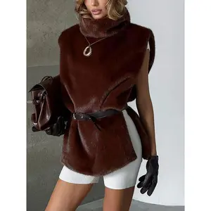 Women’s fashionable high-neck sleeveless vest, solid-color faux fur vest, autumn and winter new casual-style women’s clothing