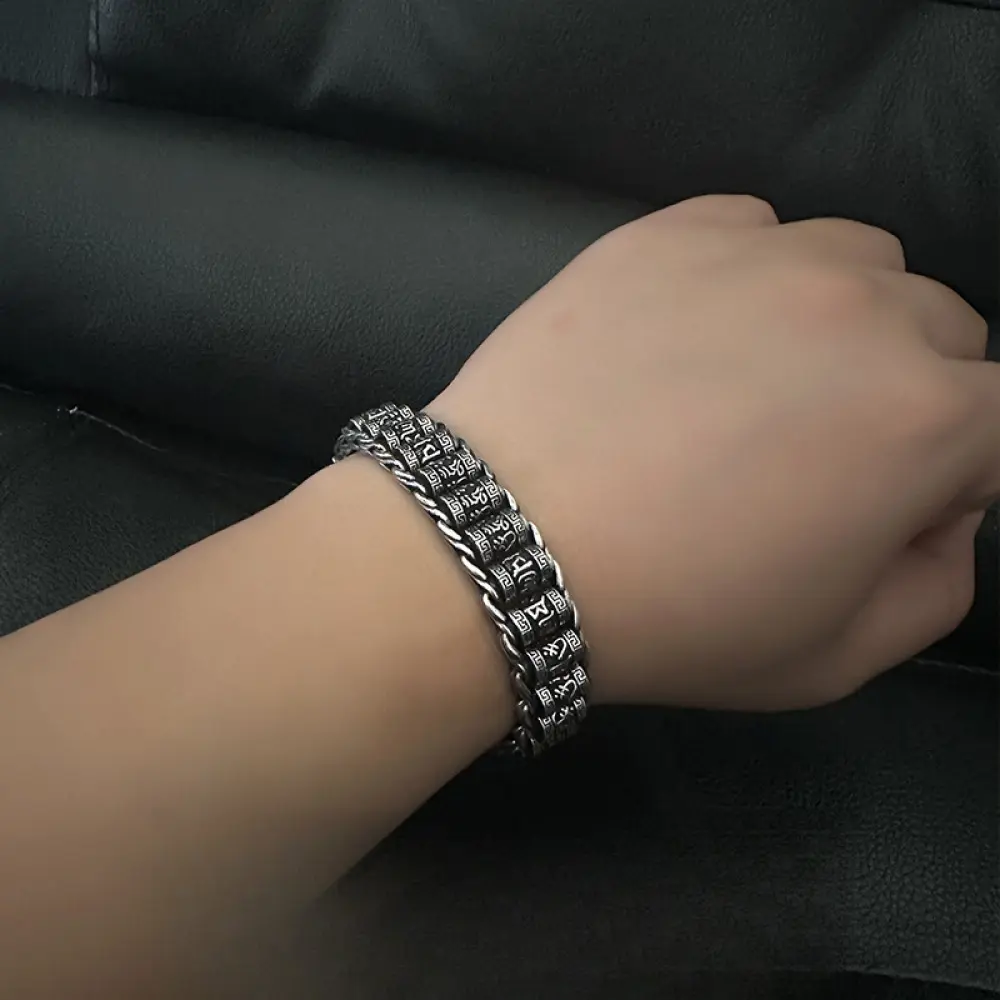 Six-Word Mantra Road to Enlightenment Prayer Wheel Bracelet for Men Thai Silver Fortune Bead Woven Bracelet