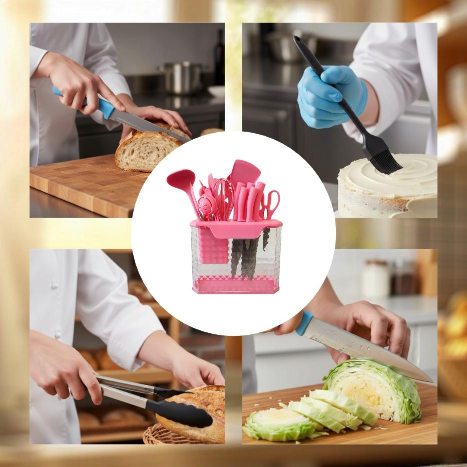 15-Piece Kitchen Knife Set: Solid Wood & Plastic Knife Block, Including Chef's Knife, Japanese-Style Knife, Meat/Vegetable Knife, Chicken Bone Knife, German-Style Steak Knife. Multi-Color Stainless Steel, Ideal for Home Storage & Gifting. Silicone Cutting