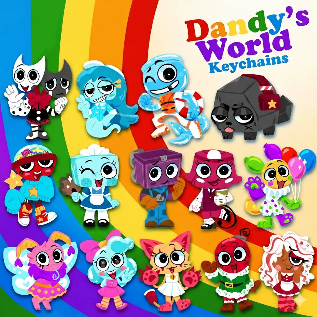 Dandy's World Keychains - Razzle & Dazzle, Connie, Finn, Coal, Gigi, Looey, Flutter - Dandys World Character Acrylic Keychain, Dandys World Collectible Gift, Cute Game Acrylic Charm, Backpack Key Holder, Keychain for Keys Bag Accessory