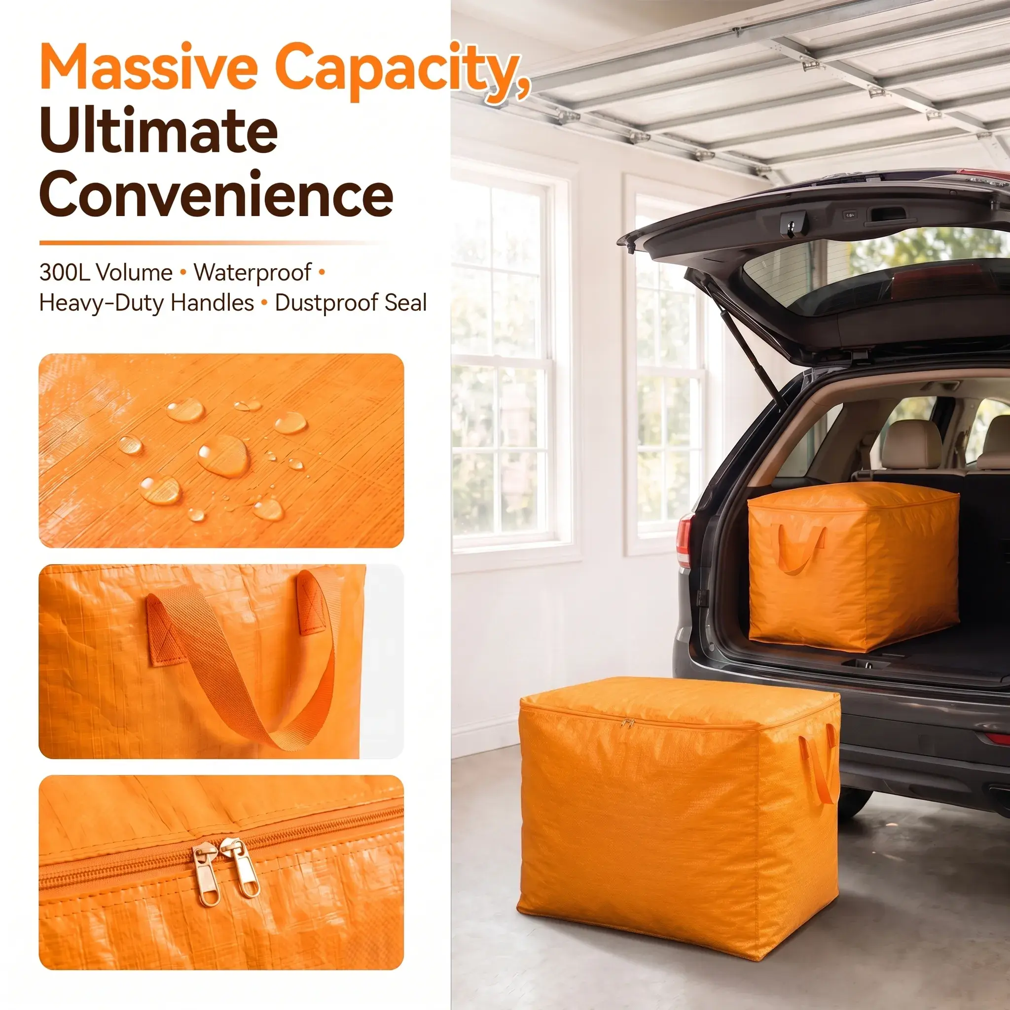 300L Large Capacity Moving Storage Bag, Heavy Duty Woven Fabric Organizer Bag with Handles & Zipper, Portable Quilt Clothes Storage Sack