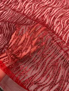 Red Glitter Lace Fabric on Mesh