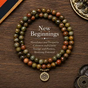 Vintage Bohemian 108 Mala Beads Healing Crystal StoneHandmade Stacked Elastic Bracelet -Picasso Stone NaturalMindfulness Long Beaded Wrap Gemstone Mala PrayerBeads Lotus Buddha Charm Yoga Japamala JewelryNecklace Elegant Lotus Pendant, Ramadan