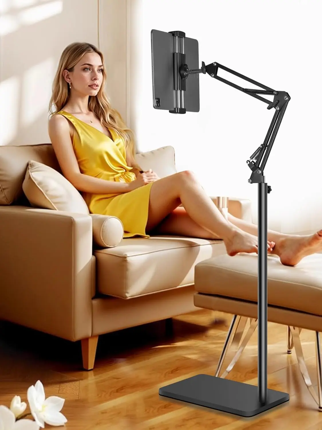Tablet Floor Stand with 6.6lb Double Heavy Duty  Base Never Tip Over, Adjustable Height Swivel Overhead Bed Tablet Phone Stand Holder for iPad, Kindle, Galaxy Tab, Cell Phones(4.7''-13'')