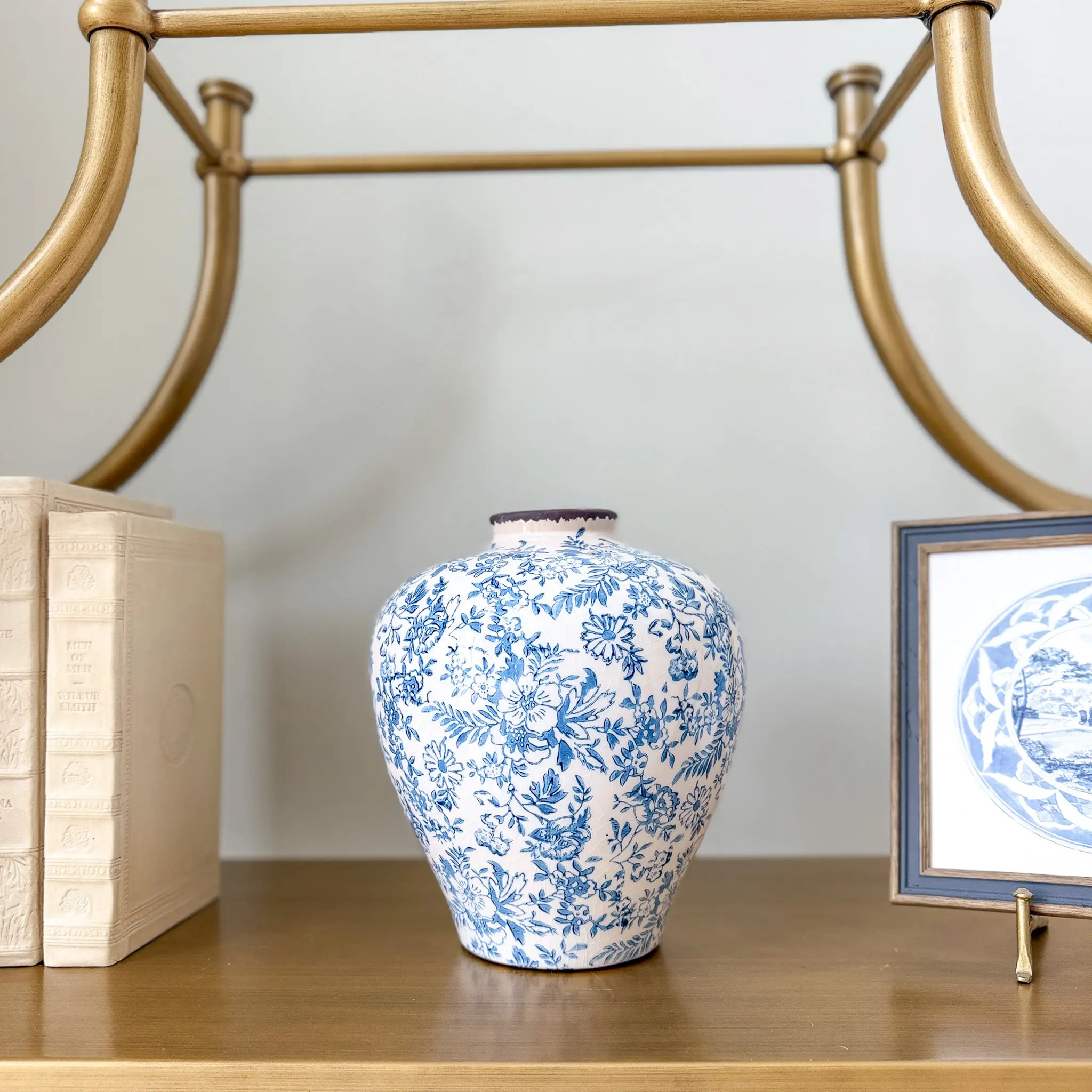 Blue and White Ceramic Floral Patterned Vase 9"
