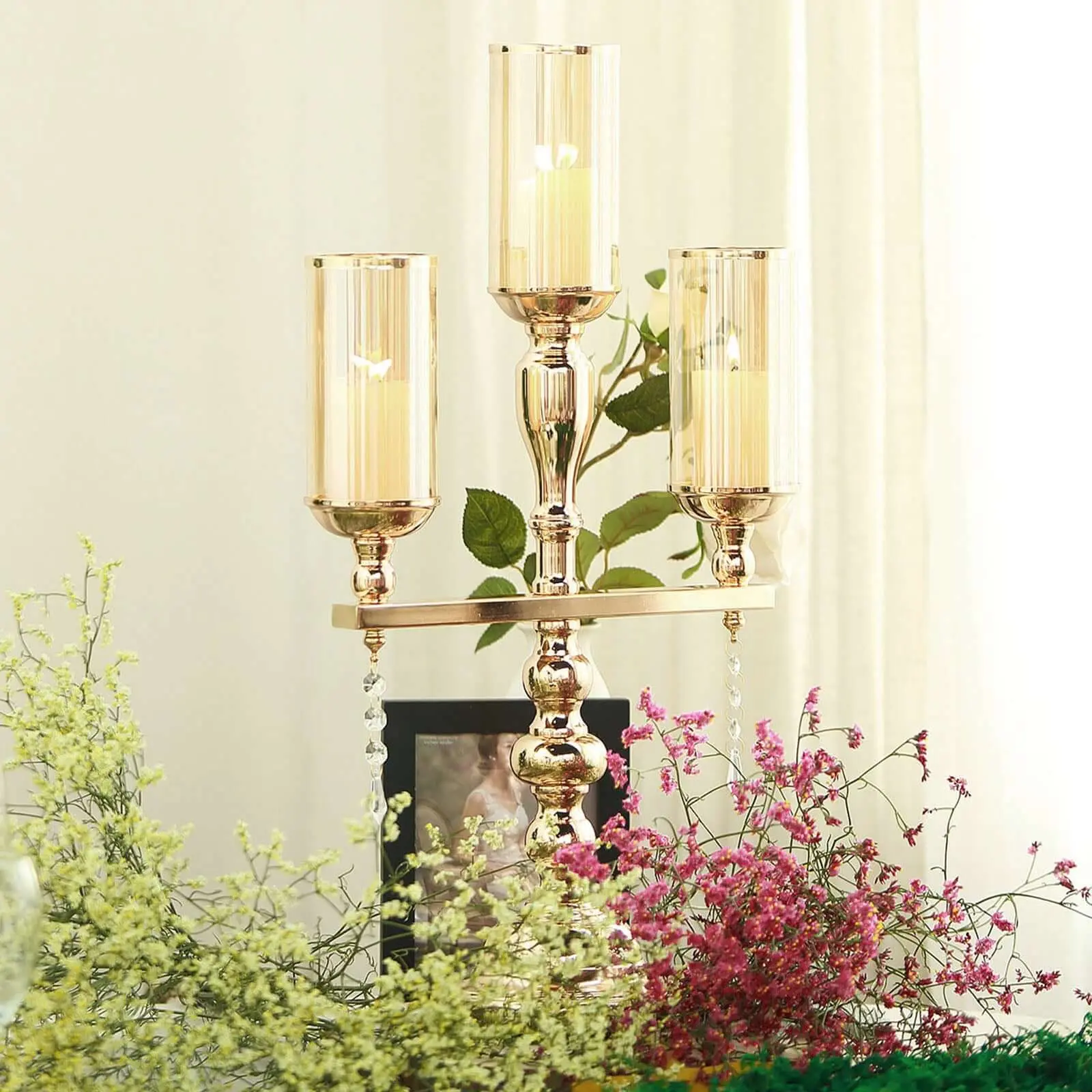 3-Arm Gold Metal Candelabra with Amber Glass Shades - 6x3 in Tabletop Glass Candle Holder, Home Accessories Decor for Gatherings, Classic Candelabrum