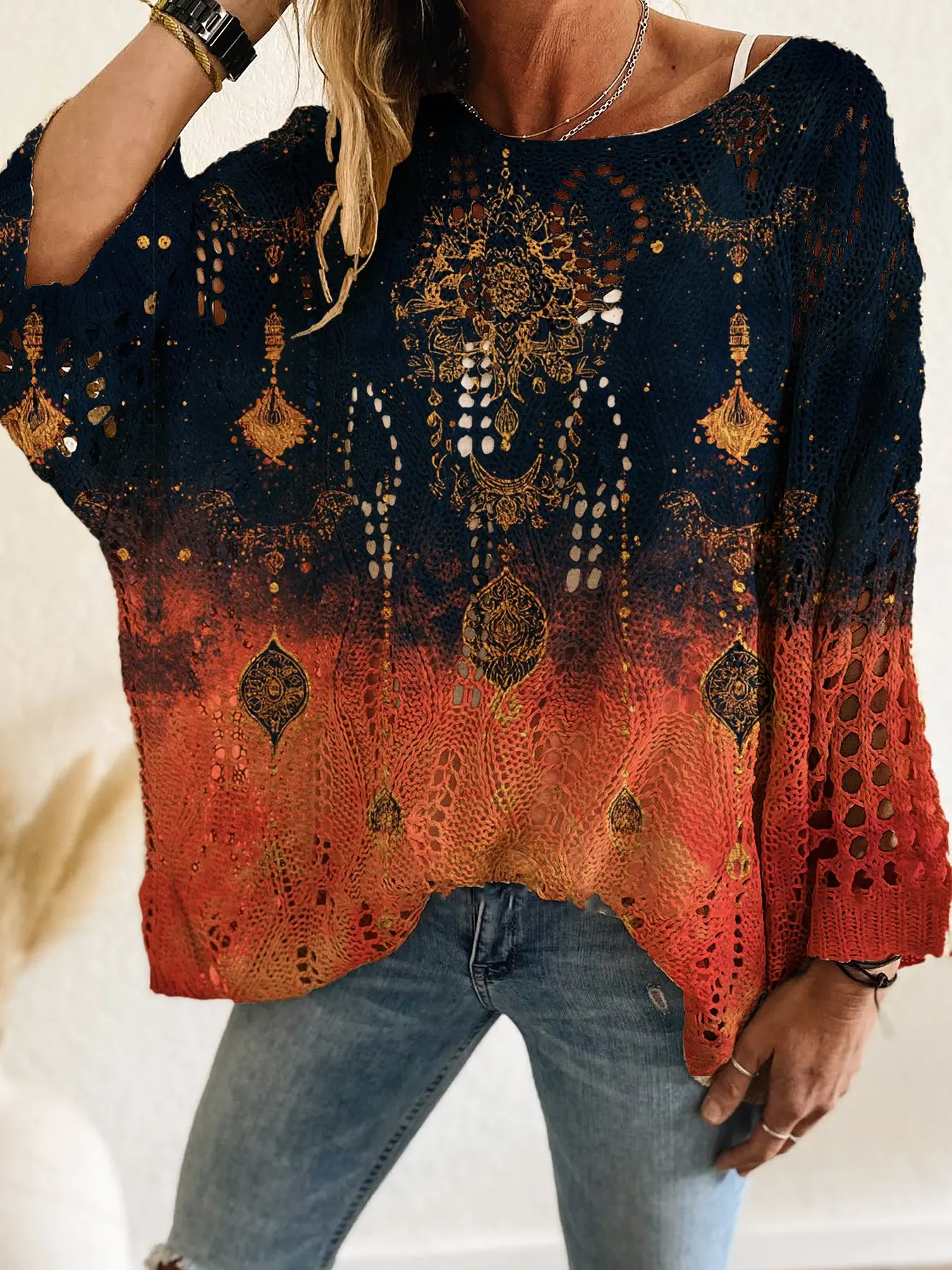 Women's Ethnic Print Knit Top, Long Sleeve Batwing V Neck Hollow Out Design, Casual Elegant Chic Commuter Wear, Spring Summer Autumn Winter, Knitwear