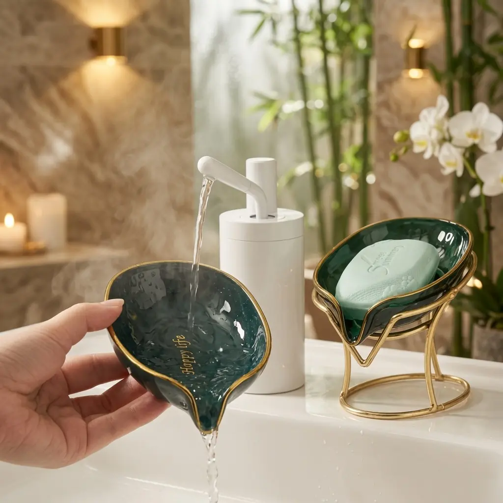 Modern leaf-shaped soap dish with stand (polyester material); drill-free bathroom countertop organizer suitable for bathroom sinks.