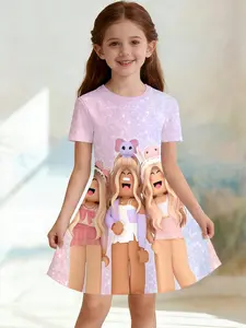 Trendy 3D Short Sleeve Dress, Glitter Roblox Full Print, Round Neck A-Line Summer Dress, Perfect for Parties, Festivals, Birthday Gifts