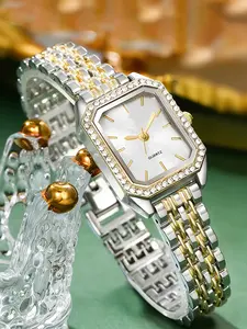 Women Luxury Quartz Watch Stainless Steel Bracelet Analog Dress Wristwatch, Asymmetrical Design, All Seasons