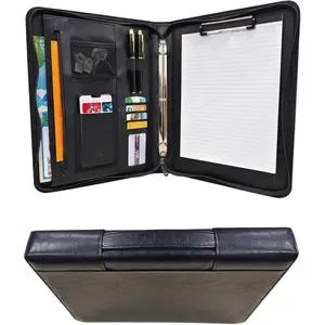 Faux Leather 3 Ring Portfolio Binder With Handle, Business Padfolio for Men & Women, Zippered Document Organizer for  & Office Use, Including Clipboard, Notepad and Sheet Protectors (Black)