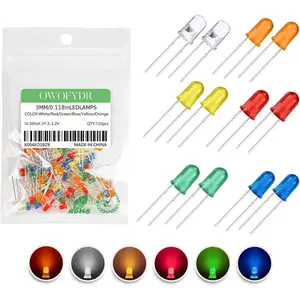 3mm LED diode lights with diffuse circular lenses, DC 3.5V 25mA bulb lights with various colors, electronic components, light-emitting diode parts