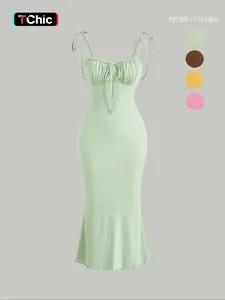 Women's Plain Ruched Lettuce Trim Tie Front Cami Dress, Casual Sleeveless Spaghetti Strap Tie Shoulder Long Bodycon Dress for Summer, Ladies Clothes for Beach Holiday