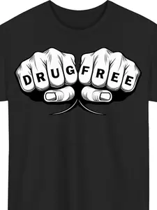 Drug Free Sober Sobriety Anniversary AA NA Addiction Recovery Gift T-Shirt |    Comfortable Retro Graphic Print with Clenched Fists & Bold Lettering, Unisex All-Season Round Neck Tee for Men & Women, Casual Style, Regular Fit