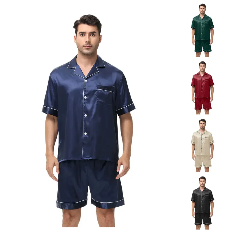 FEITAI Women's 2-Piece Matching Satin Pajamas Set - Short Sleeve Button-Down Sleep Shirt, Elastic Stretchy Fabric Shorts, Soft Smooth Casual Loungewear for Summer