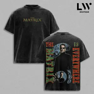 Vintage The Matrix Neo Graphic Tee - Black Acid Wash Cyberpunk Movie Shirt - Premium Heavyweight Boxy Fit Green Red Tee