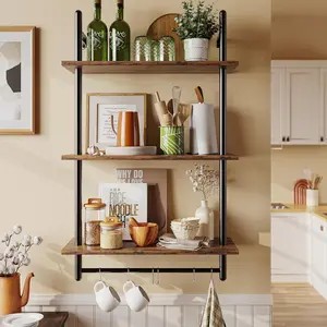 3 Tier Industrial Pipe Shelving, Floating Kitchen Shelves for Wall, Storage Coffee Bar Hanging Shelves with Towel Bar for Kitchen Living Room Bathroom Organizer Bedroom, 24 Inch Rustic Brown