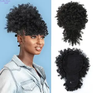 Kinky Curly Afro Puff Drawstring Ponytail w/ Bangs, Short Clip in Hair Extension, Natural Updo Hairpiece, Easy Styling Curly Hair Wig for Black Women, Daily Hairstyle & Quick Updo Accessories