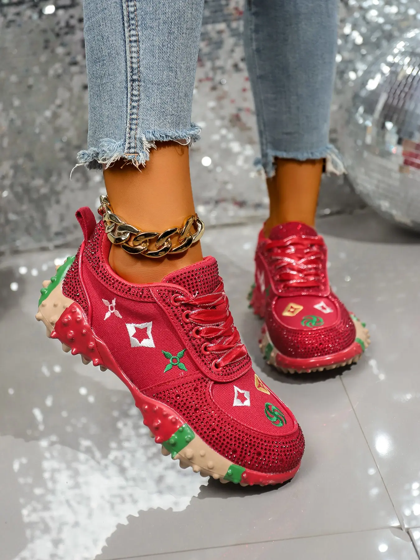 Women's Rhinestone Thick Sole Sneakers, Fashionable All-Season Casual Shoes, Comfortable Anti-Slip Waterproof, Trendy Boardwalk Style, Rhinestone Embellished Sneakers