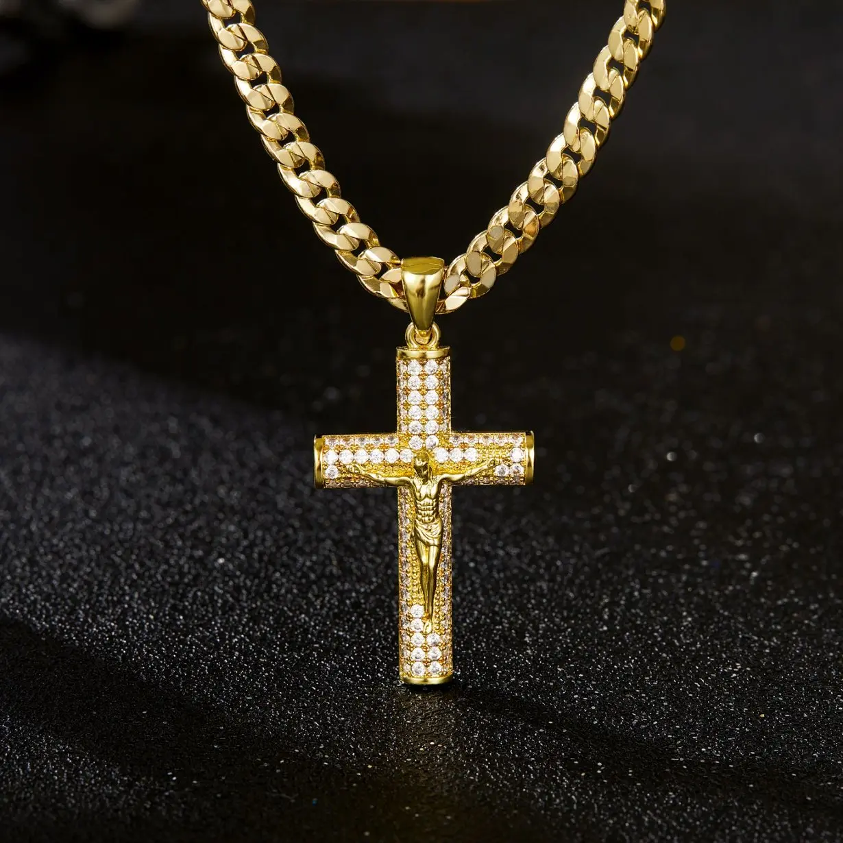 14k Real Gold-Plated Cuban Necklace with Jesus Christ Crucifix  Dainty Waterproof Tarnish-Resistant Pendant 24 inches long and 6mm wide, handcrafted with a polished finish and multiple layers of electroplating—a perfect everyday accessory