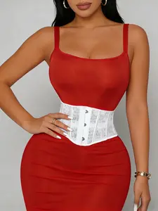 1 Count Women's Elegant White Lace Waist Cincher, Floral Embroidery & Smooth Satin Trim Shapewear Belts, Curved Hourglass Silhouette Design Girdle, Secure Front Button Closure Corset, Comfortable Slimming Girdle, Suitable For Daily & Outing