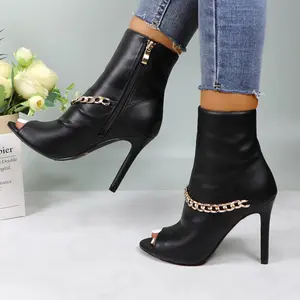 Women's Peep Toe Ankle Booties with Side Zipper & Chain Decor Solid Color PU Leather 4-inch Stiletto High Heel Short Boots Footwear Girl Fashion Comfortable Heeled Dress Dance Shoes
