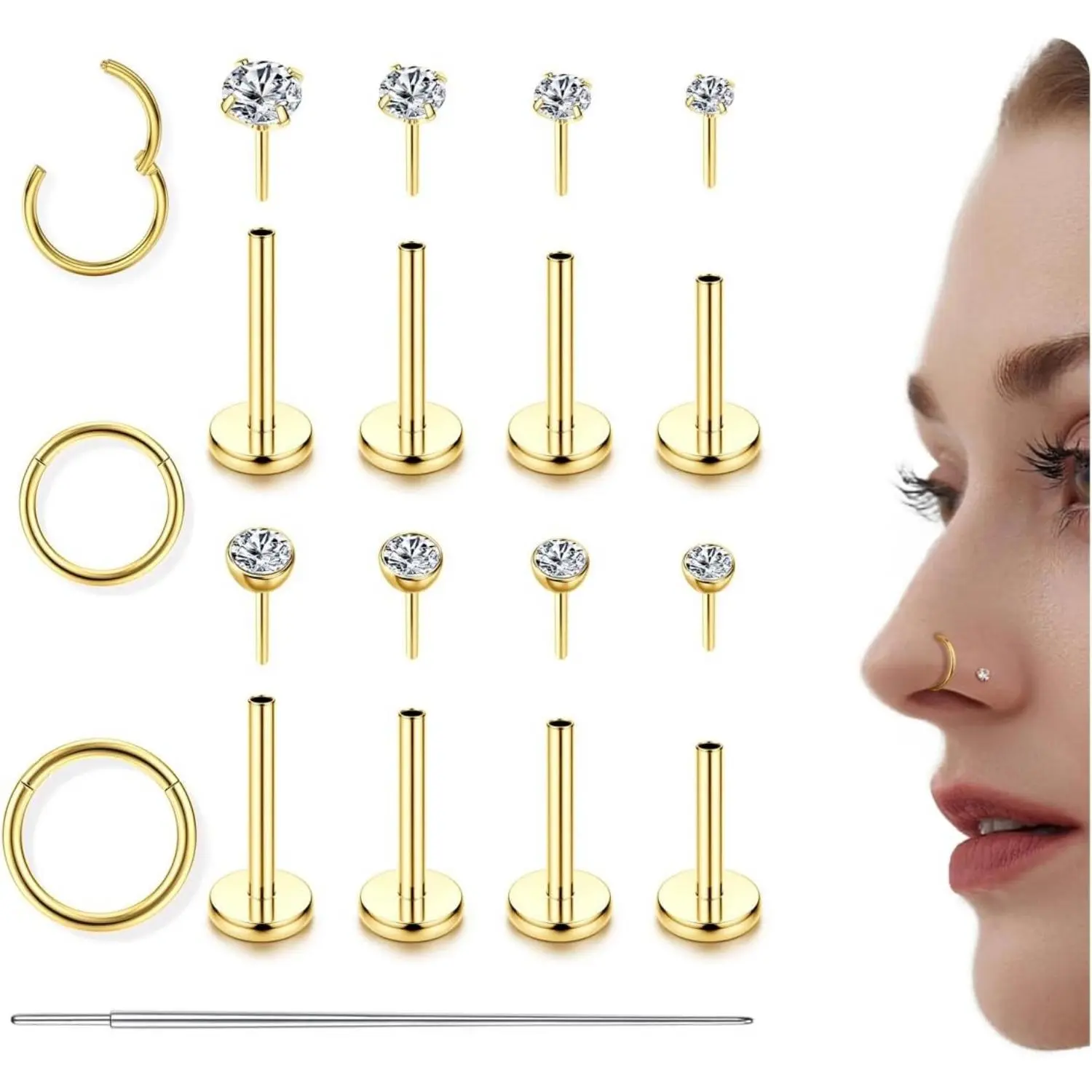Fansilver 11pcs Flat Back Nose Studs For Women Men Hypoallergenic Surgical Steel 14K Gold Filled Nose Rings Hoops Threadless Flat Back Earrings Helix Cartilage Tragus Conch CZ Stud Labret Lip Nostril Septum Ring Body Piercing Jewelry Summervibes