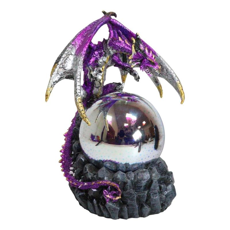 Purple Silver Gold Wyvern Dragon On Rocky Cliff With LED Optic Ball Figurine