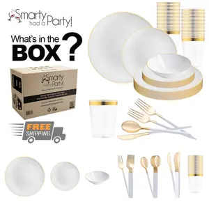 White with Gold Organic Disposable Plastic Tableware Set