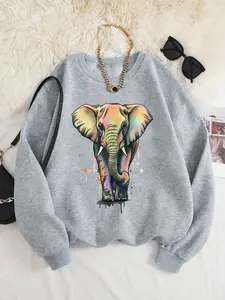 Women's Elephant Print Drop Shoulder Funny Sweatshirt, Casual Long Sleeve Round Neck Pullover for Fall & Winter, Casual Cozy Pullover, Women's Clothes for Daily Wear