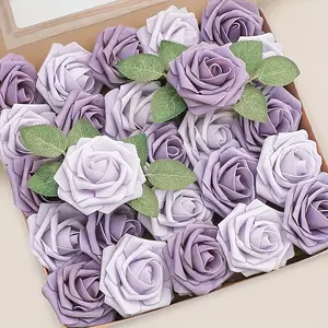 50pcs Realistic Artificial Roses with Stems - Purple Foam Roses Suitable for DIY Wedding Bouquets, Baby Showers, Christmas Centerpieces, Table Decor, Plastic Fake Flowers for Wedding Arrangements, Party & Home Decorations