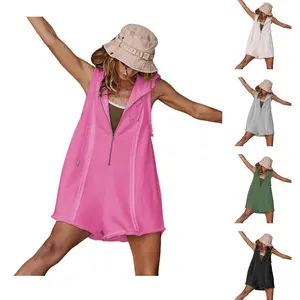 JovenPara Women's Sleeveless Half-Zipper Loose Hoodie Workout Jumpsuits, Pink Minimalist Fitted Basic Sports Overalls for Fitness, Outdoor Casual Wear