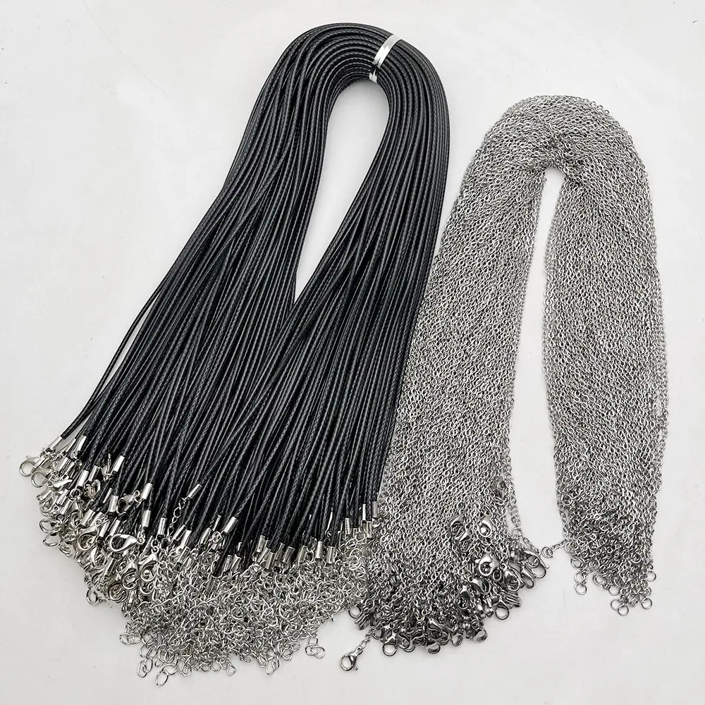 Fashion 1.5MM 2.0MM 45cm 60cm 70cm stainless steel or black Wax rope lobster clasp necklace lanyard Jewelry pendant cords 100pc