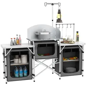 Outsunny Camping Kitchen Table, Portable Folding Camp Kitchen, Aluminum Cook Station with 3 Fabric Cupboards, Windshield, Carrying Bag for BBQ, RV, Picnic, Gray