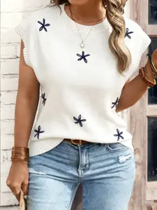 Elegant Women's Plus Size Embroidered Knit Top, Casual Round Neck Sleeveless Crochet Sweater, Womenswear Spring Summer Fashion, Daily Wear & Holiday, Knitwear, Embroidery, Knitting, Clothes