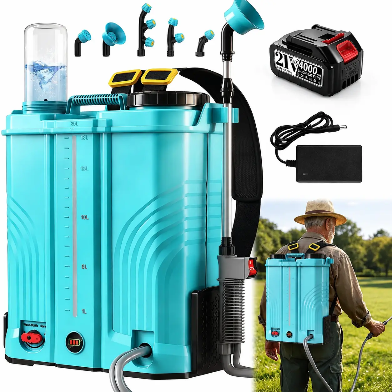 Battery-Powered Backpack Sprayer, 5 Gallons, 100 PSI Electric Gardening Sprayer, 6 Multi-Purpose Nozzles, 4.0Ah Battery and Charger, with Tank Cleaning Function, Mixing System, Adjustable Pressure Regulator, and Breathable Padding Versatile Ergonomic