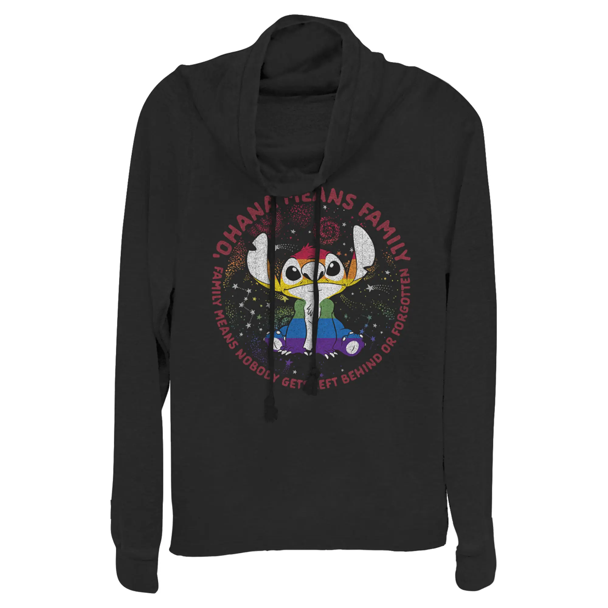 Junior's Lilo & Stitch Ohana Rainbow Pride Cowl Neck Sweatshirt