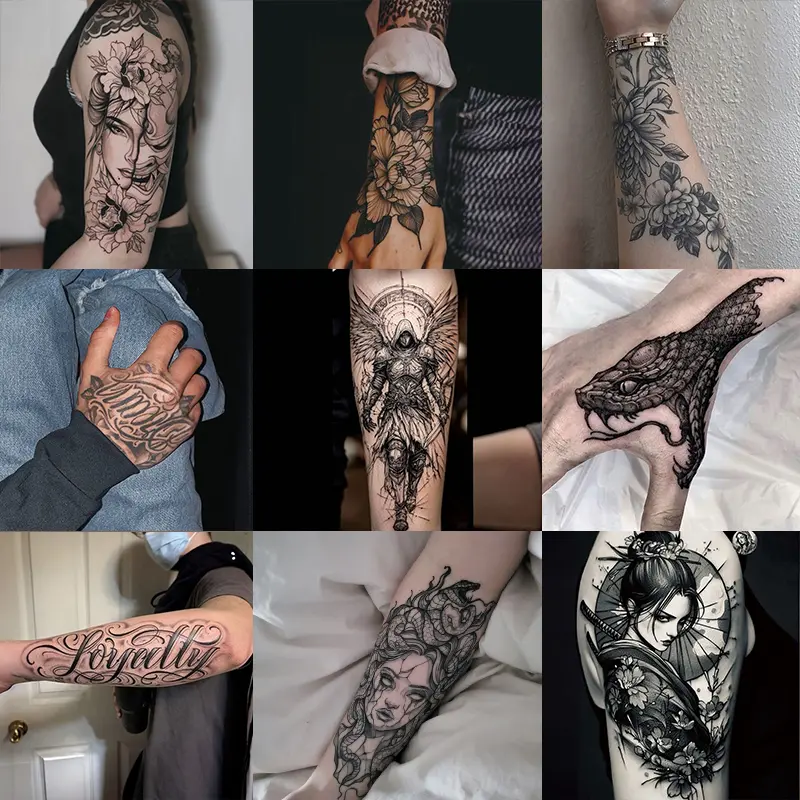 9-Piece Large-Size Herbal Temporary Tattoo Sticker Set, Floral Letters Designs, 7-15 Days Long-Lasting, Waterproof, Friction-Resistant, Realistic Effect, Pain-Free Wear for Tattoo-Curious Pain-Sensitive Individuals