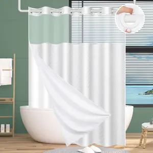 White Multicolor Double-Layer Hookless Shower Curtain with Snap-In Liner, Tufted Cotton Fabric, Waterproof Inner Layer & Washable White Outer Layer, Boho Style with See-Through Mesh Top Window, for Home & Hotel, 71 × 74 in