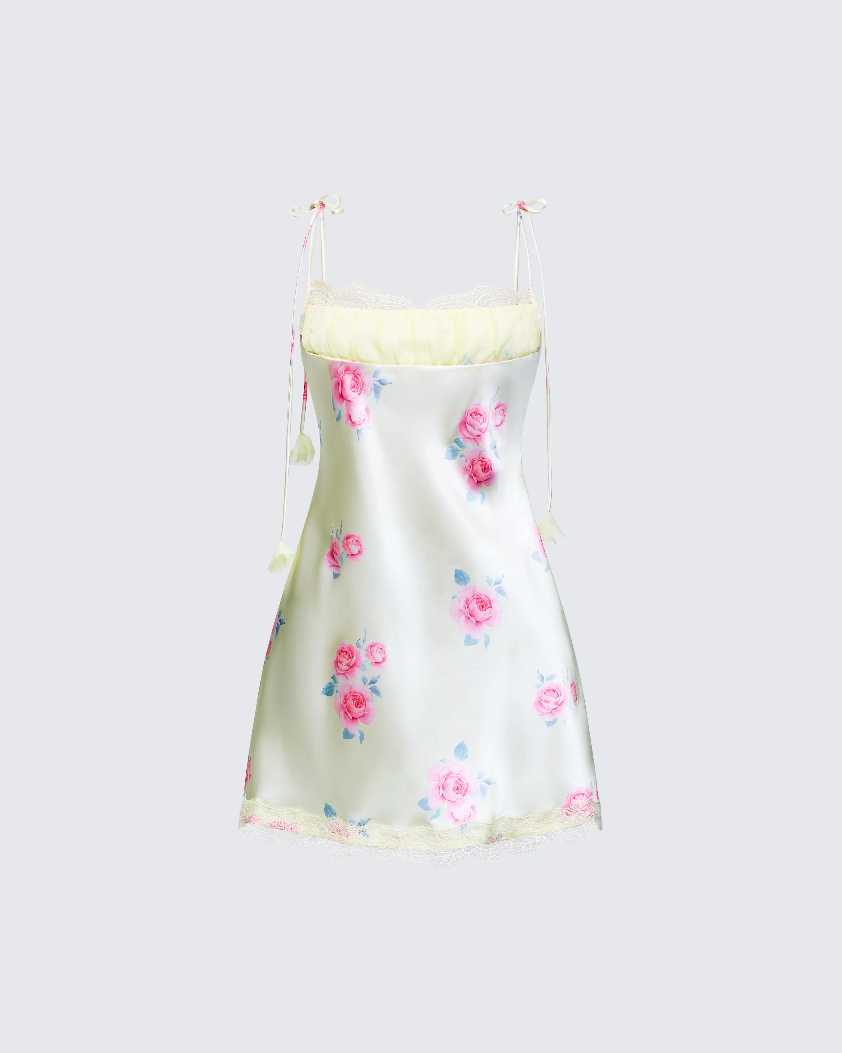 Women's Lace Miko Polyester Satin Mini Slip Dress - Sleeveless, Adjustable Shoulder Straps, Floral-Rose Tie Design, Allover Ditsy Print, Casual, Party Going Out Wear
