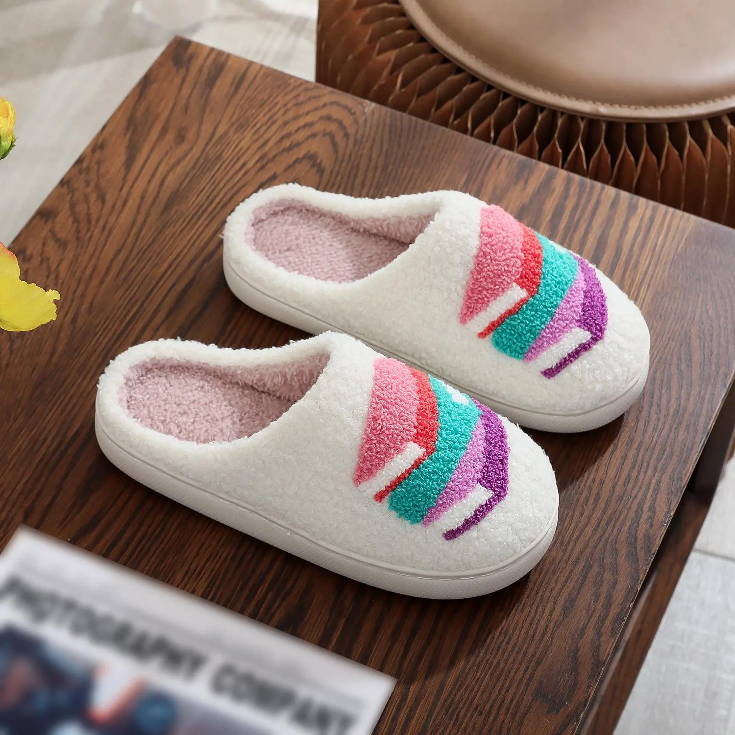 Cute Preppy Book Stack Slippers Women Soft Faux Fur Warm Comfort Non-Slip Sole Indoor Outdoor Home Slippers Embroidered Design Fashion Footwear Perfect Gift