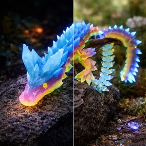 Crystal Dragon Fidget Figurine Articulated Glow-in-the-Dark 3D Printed Dragon for Fidgeting Posing Collecting and Display in Rainbow Glow Green Blue Purple Red Yellow Turquoise Purple Gold Orange Green