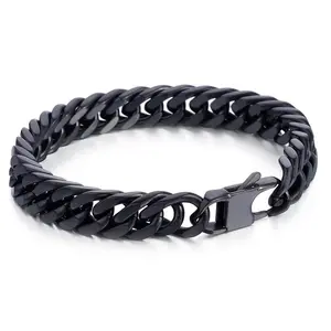 Hermah 10mm Black Cuban Bracelet For Men Boys 316L Stainless Steel Curb Cuban Link Rombo Chain 8/9/10/11inch