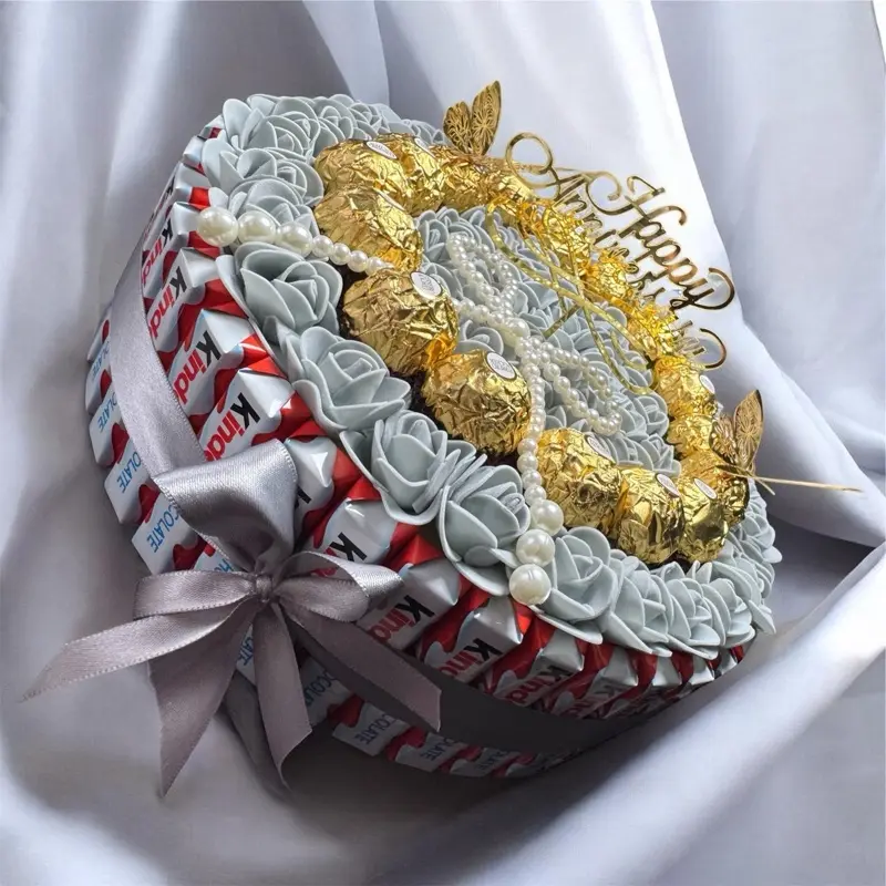 Happy Anniversary Gift Box with Golden Wrapped Chocolates and Elegant Pearl Accents for Special Celebrations, Gift Box Packaging, Romantic Gift Box