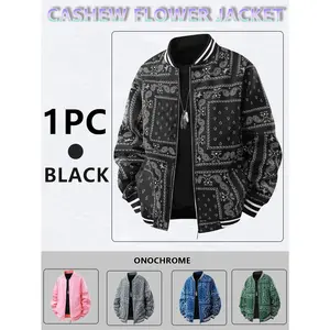 Men's Casual Cashew Flower Varsity Jacket, Vintage Lightweight Bomber Baseball Collar Jackets, Classic Fabric, Men's Fashion Stylish, Men's jackets, Streetwear, Men's Clothing Halloween Gifts
