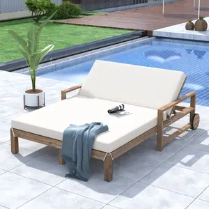 Wooden Daybed Outdoor Sunbed for Ultimate Relaxation Outdoor Daybed Seating 2 People for Poolside, Garden and Backyard,Farmhouse-styled (Beige)